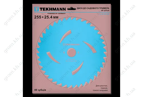 Фото 1- Диск с порошковым покрытием к садовому триммеру Tekhmann диаметр 255 мм. Количество зубцов 40 с Т профилем зуба.