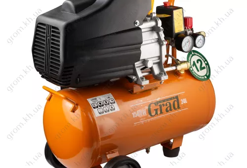 Фото 1- Компрессор одноцилиндровый GRAD 1.5кВт 198л/мин 8бар 24л (2 крана)