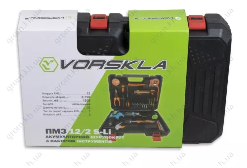 Фото 1- Аккумуляторная дрель-шуруповерт с набором инструментов VORSKLA ПМЗ 12/2 S-LI