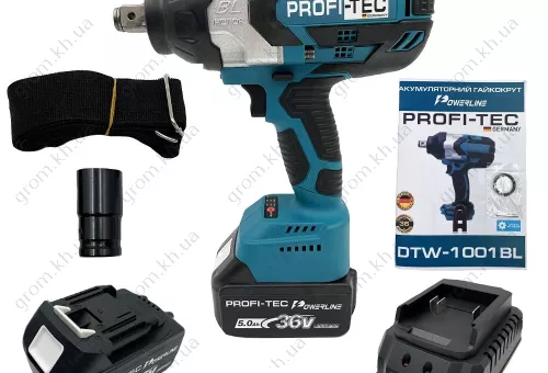 Фото 1- Аккумуляторный гайковерт PROFI-TEC DTW-1001BL POWERLine (2х5.0Ач, зарядное, кейс)