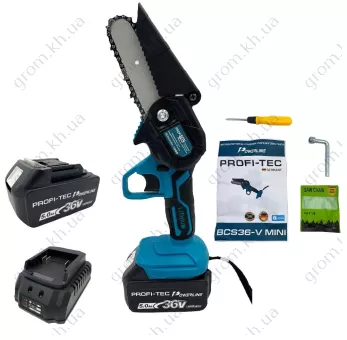 Фото 1- Акумуляторна ручна ланцюгова пилка PROFI-TEC BCS36V Mini POWERLine, (2 акк по 5,0Ач + зарядне) в кейсі
