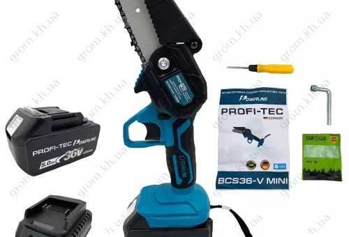 Фото 1- Акумуляторна ручна ланцюгова пилка PROFI-TEC BCS36V Mini POWERLine, (2 акк по 5,0Ач + зарядне) в кейсі