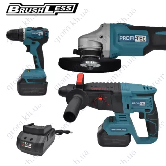 Фото 1- Аккумуляторний набір інструментів PROFI-TEC POWERLine CBH36V+CDR36V+DGA36BL (2 АКБ х 5 Аг + зарядний пристрій)