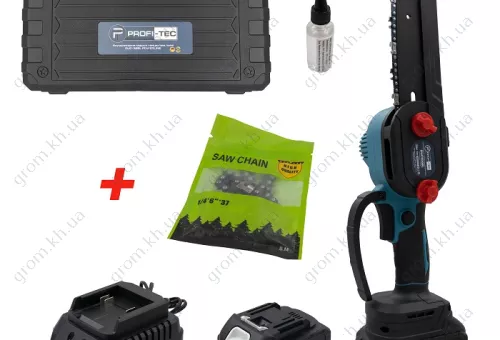 Фото 1- Акумуляторна ланцюгова пилка PROFI-TEC DUC200BL POWERLine (2 х 5.0 Ач, зарядний пристрій, кейс)
