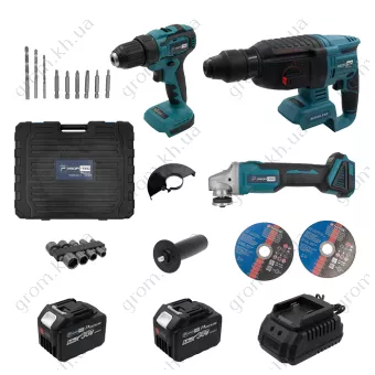 Фото 1- Аккумуляторный набор инструментов PROFI-TEC Combo Set 3 POWERLine (CBH36BL, CDR36BL, DGA36BL) (2 х 9.0 Ач, зарядное устройство, кейс)