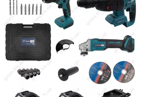 Фото 1- Аккумуляторный набор инструментов PROFI-TEC Combo Set 3 POWERLine (CBH36BL, CDR36BL, DGA36BL) (2 х 9.0 Ач, зарядное устройство, кейс)