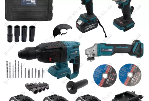 Фото 1- Аккумуляторный набор инструментов PROFI-TEC Combo Set 4 POWERLine (CBH36BL, DHP485BL, DGA36BL, DTW281BL) (3 х 9.0 Aч, зарядное устройство, кейс)