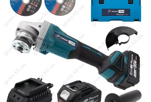 Фото 1- Акумуляторна кутова шліфувальна машина PROFI-TEC DGA36BL POWERLine (2 х 5.0 Ач, зарядний пристрій) +5 дисків