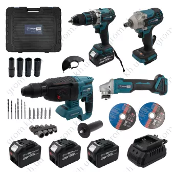 Фото 1- Акумуляторний набір інструментів PROFI-TEC Combo Set 4 POWERLine (CBH20BL, DHP485BL, DGA20BL, DTW500BL) (3 х 6.0 Aч, зарядний пристрій, в кейсі)