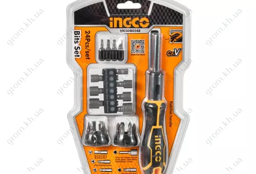 Фото 1- Отвертка-трещетка с битами и головками INGCO