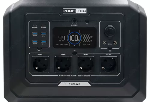 Фото 1- Портативная зарядная станция PROFI-TEC PPS2000 LiFePO₄ (ном. 2000 Вт / макс. 4500 Вт, батарея 1024 Вт·ч)