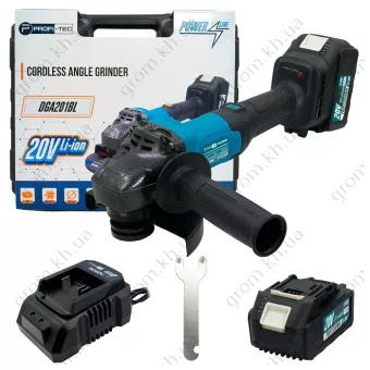 Фото 1- Аккумуляторная угловая шлифовальная машина PROFI-TEC DGA201BL POWERLine (2×PT2040EP (4.0 Ач), зарядное устройство)