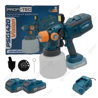 Фото 1- Аккумуляторный краскопульт PROFI-TEC PSG1420 Vision (2×PT2020VX (2.0 Ач), зарядное устройство)