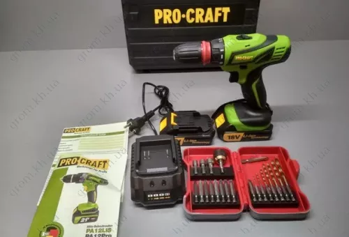 Фото 1- Шуруповерт аккумуляторный Procraft РА-18 PRO с DFR патроном и набор инструмента